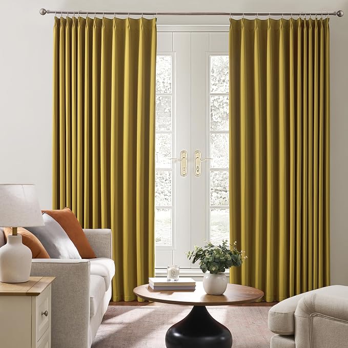 Yellow Pinch Pleated Curtains 45 Inch Length 2 Panels Set Noise Cancelling - Image 4