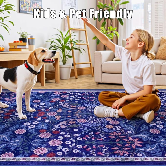 PLHXFR Area Rug Living Room: 3x5 Floral Washable Boho Soft Carpet Blue | - Image 6