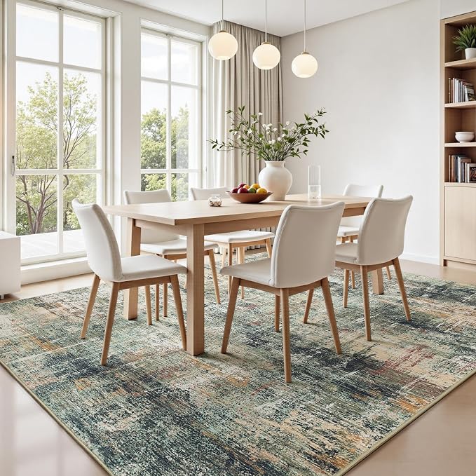 8x10 Area Rug for Living Room, Abstract Washable Large Rugs, Coffee/Green | - Image 3