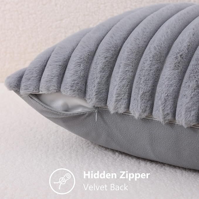 decorUhome Fall Faux Fur Throw Pillow Covers 22x22 Set of 2 Grey | Decorative - Image 3