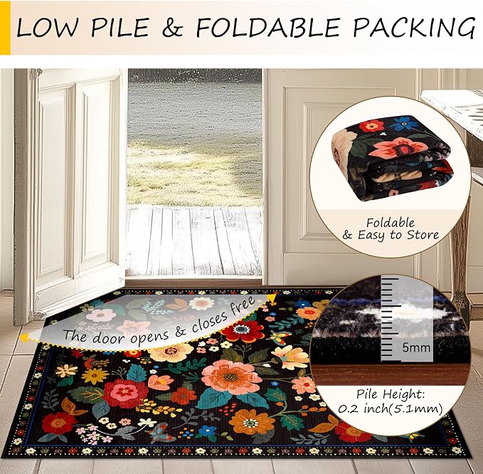 RELEANY Floral Washable Round 6ft Area Rug Black | Flower Carpet Print Boho - Image 4