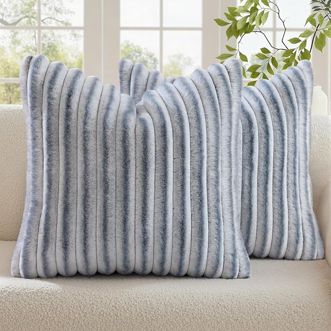 decorUhome Fall Faux Fur Throw Pillow Covers 18x18 Set of 2 Grey White | by decorUhome
