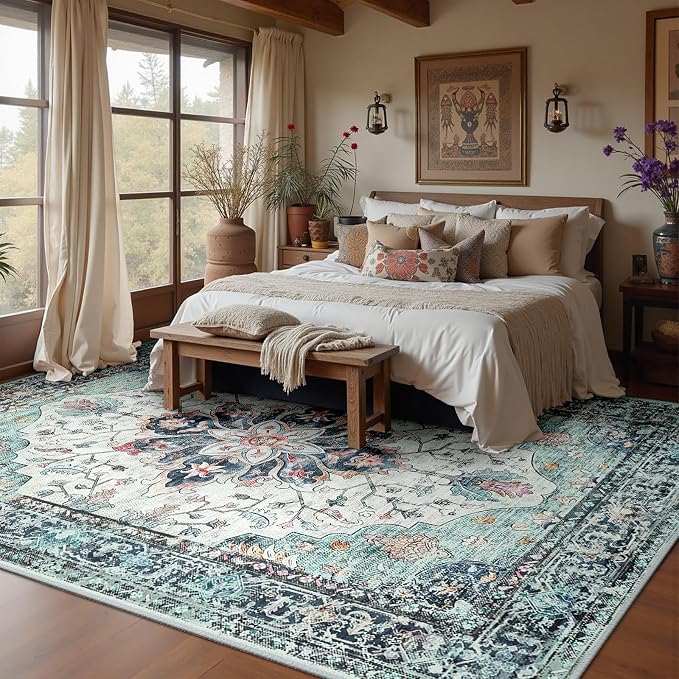 RELEANY Washable Area Rug, Large 10'x14', Teal Green/White/Navy | Non-Slip - Image 3