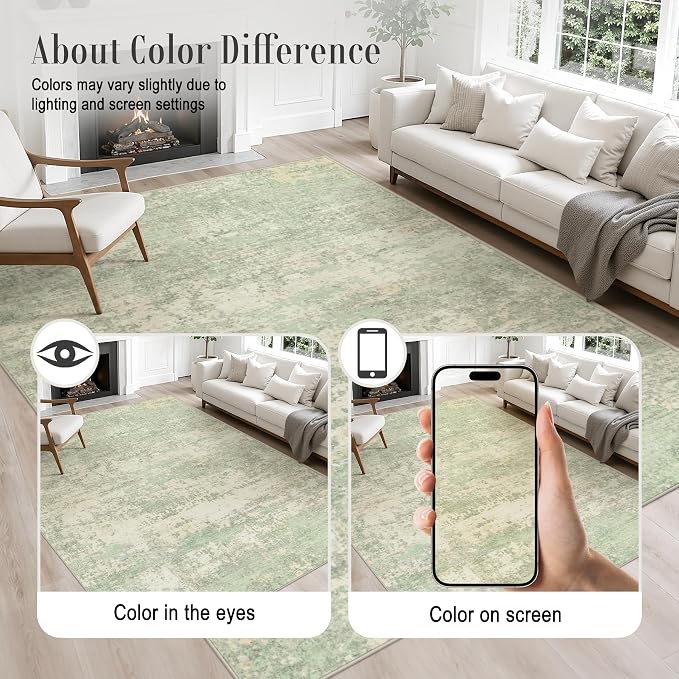 Area Rug Living Room: 6x6 Modern Washable Soft Carpet Green Cream | - Image 5