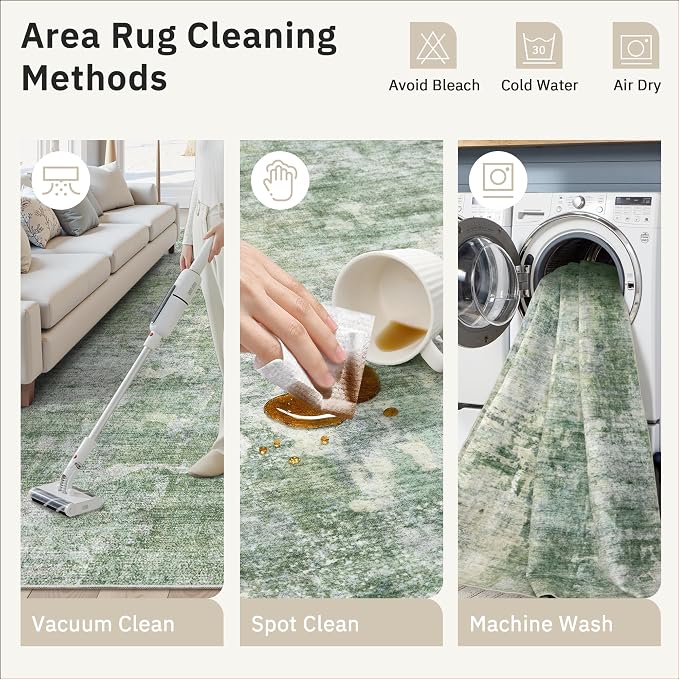 Soalmost 10x12 Area Rugs for Living Room Washable Rug Abstract Green/Ivory | - Image 9