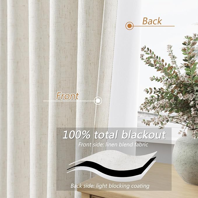 Beige White 100% Blackout Linen Curtains 102 Inch Length 2 Panels Set - Image 4