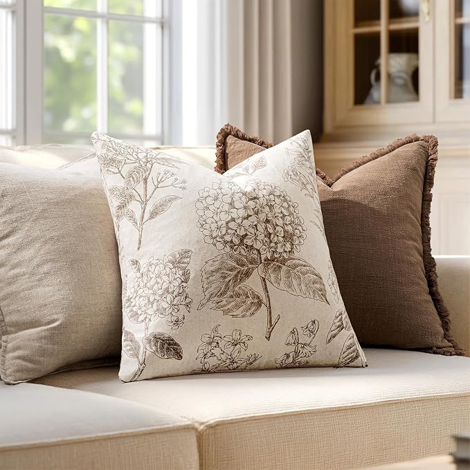 Set of 2 Euro Floral Pillow Covers 24x24 Inch Light Brown | Decorative Neutral - Image 3