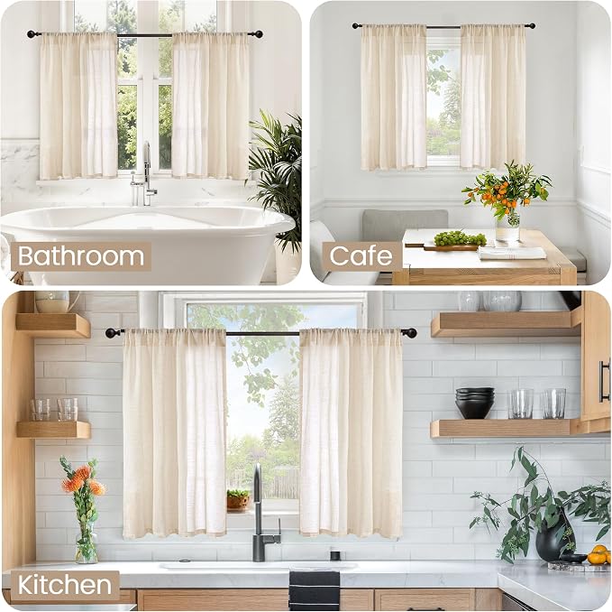 BGment Burlap Linen Curtains 36 Inch Length, Sheer Cafe Drapes Lightweight - Image 2