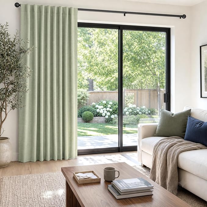 Faux Linen Total Blackout Sliding Door Curtains 96 Inches Long, Sage Green | - Image 5
