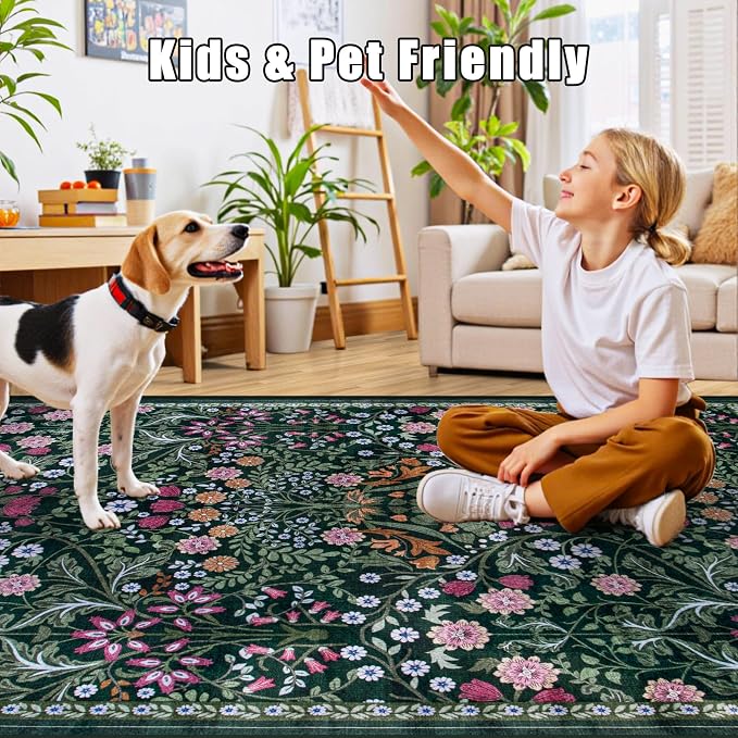 PLHXFR 2x3 Small Entryway Rug: Floral Washable Indoor Carpet Dark Green | - Image 8