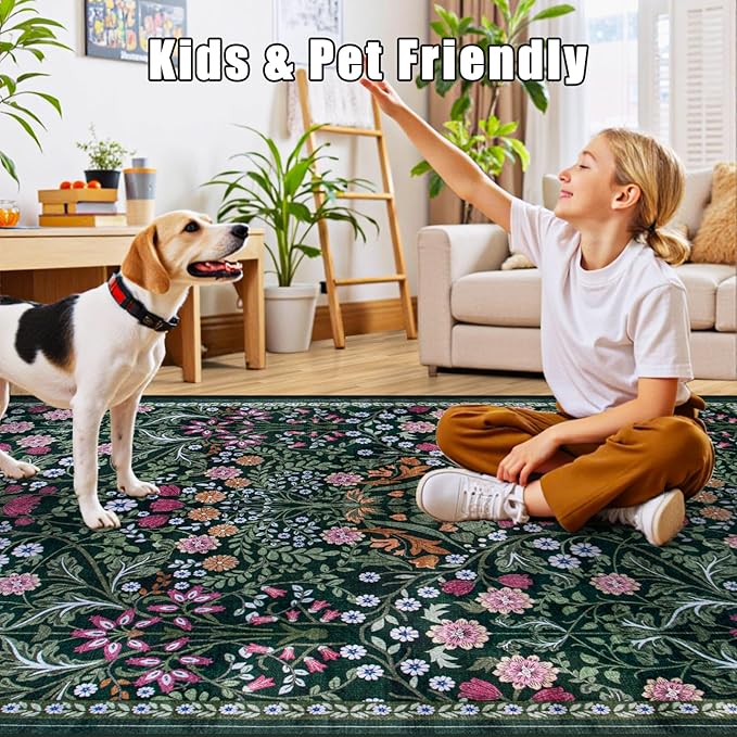 PLHXFR 2x5 Washable Runner Rug：Floral Indoor Kitchen Carpet Dark Green | - Image 7
