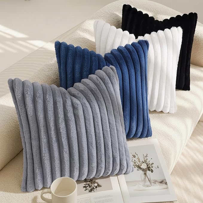 decorUhome Fall Faux Fur Throw Pillow Covers 12x12 Set of 2 Navy Blue | - Image 7