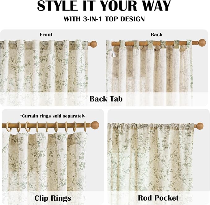 Extra Long Green Vintage Floral Linen Curtains Farmhouse 2 Panels | Elisa Series - Image 5