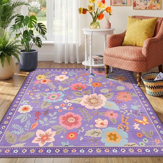 RELEANY Floral Washable Square 4ft Area Rug Purple/Pink | Flower Carpet Print - Image 6