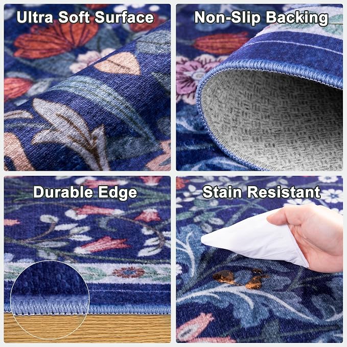 PLHXFR 2.6x14 Washable Runner Rug：Floral Indoor Kitchen Soft Carpet Blue | - Image 7