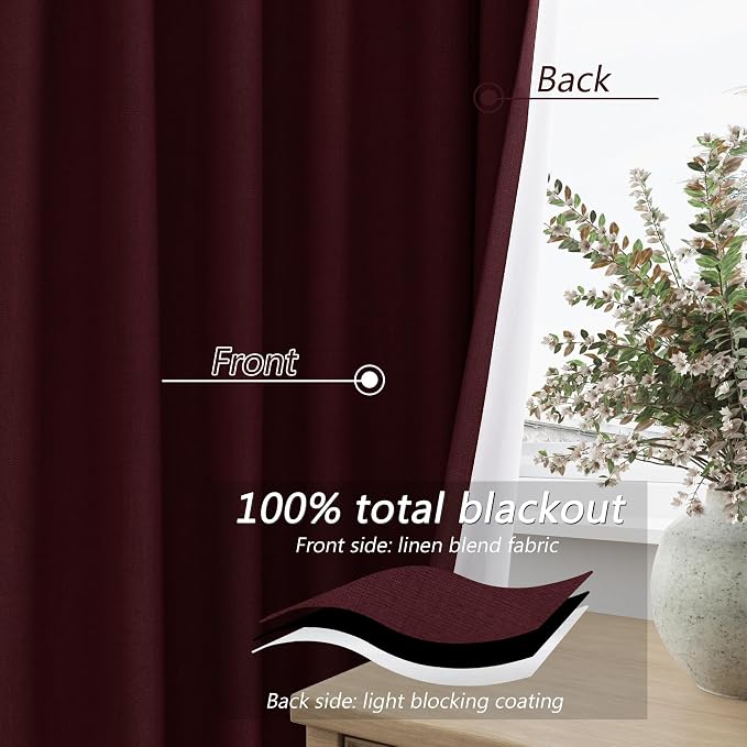 Burgundy 100% Blackout Linen Curtains 102 Inch Length 2 Panels Set - Image 4