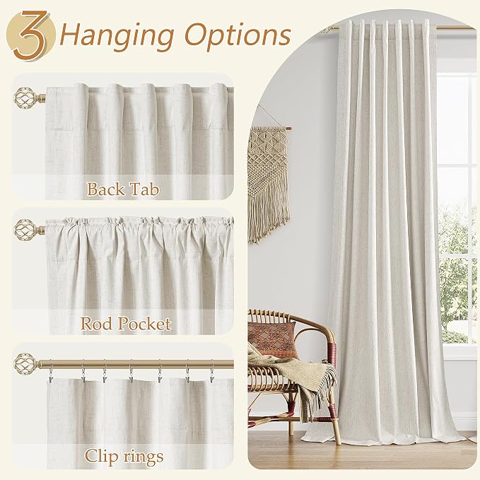63 Inch Long Boho Blackout Curtains 100% Black Out Linen Curtain 2 Panels Set - Image 6