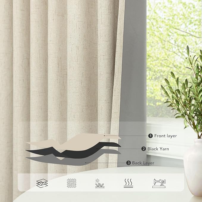Thick Linen Blackout Curtains 104 Inches Long 2 Panel Set Custom Length - Image 5