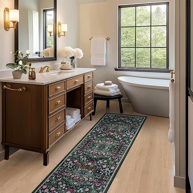 PLHXFR 2.6x8 Washable Runner Rug：Floral Indoor Kitchen Carpet Dark Green | - Image 5