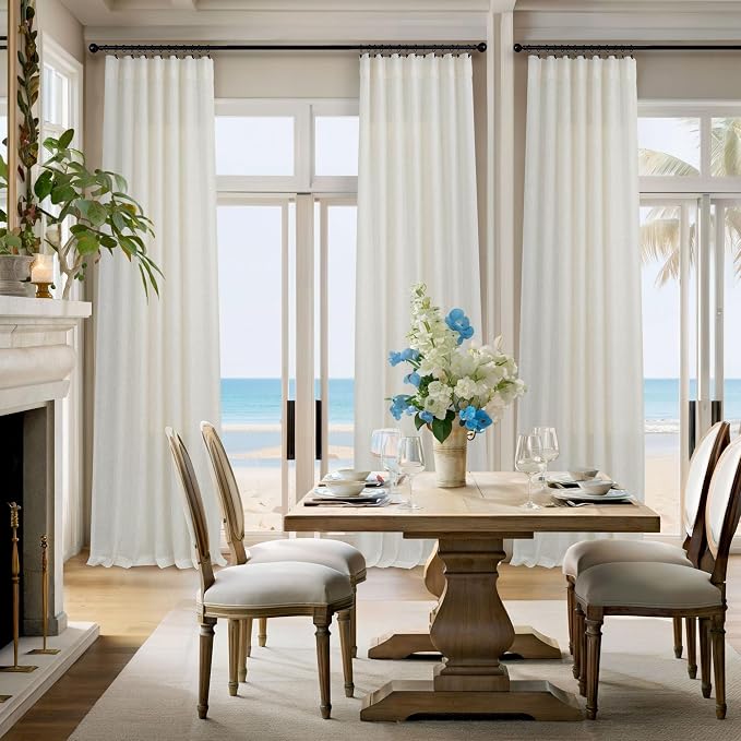 Semi Sheer Linen Curtains 110 Inches Long 2 Panels Set Cream Ivory Living Room - Image 6
