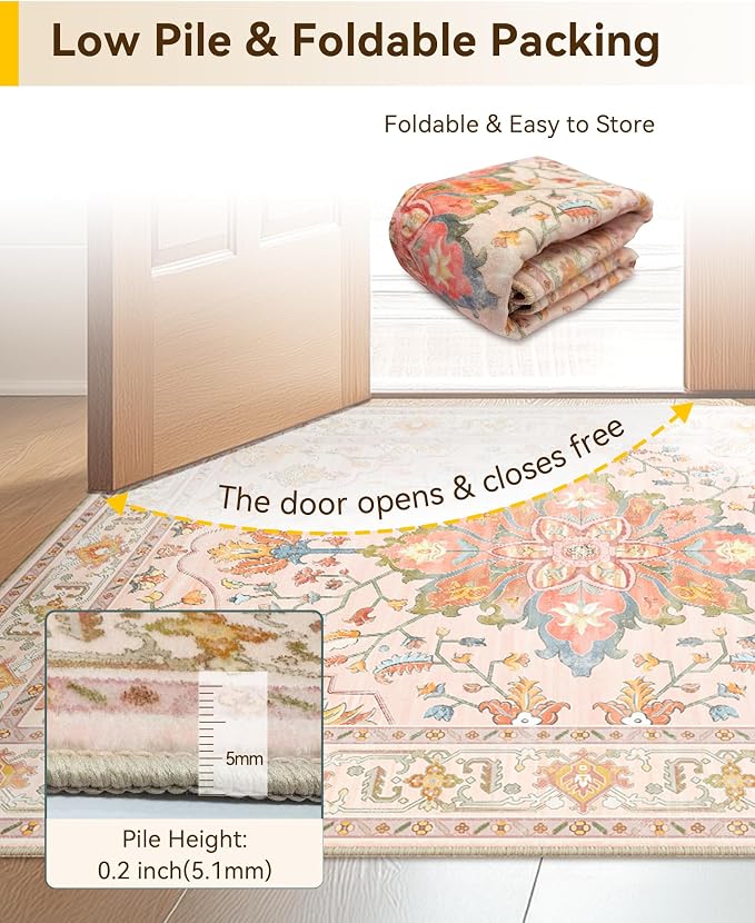 RELEANY Washable Area Rug, Water Repellent, Pet Friendly, Vintage Floral Boho - Image 4