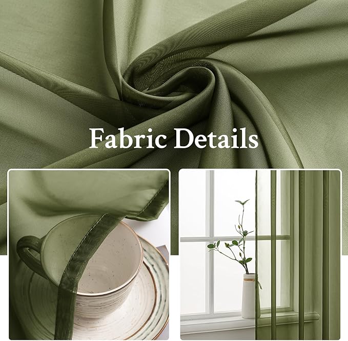 MIULEE Olive Green Sheer Curtains 54 X 54 Inches, 2 Panels | Solid Color - Image 3