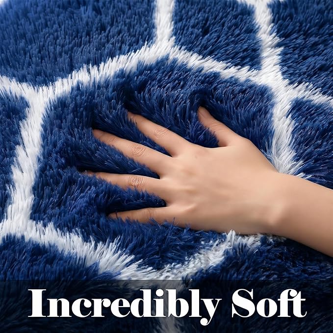 5x7 Area Rugs for Living Room Boys Bedroom, Fluffy Navy Blue and White Rug | - Image 2