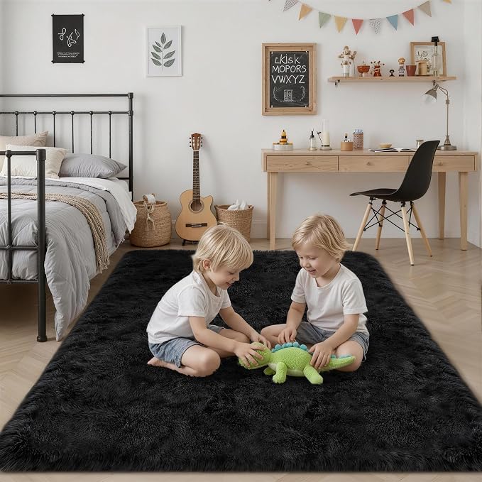 Area Rug Living Room Bedroom: 5x7 Fluffy Plush Shag Carpet Black | - Image 7
