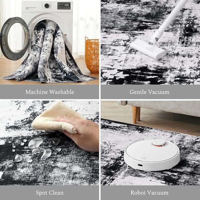 Rugflix 10x12 Area Rugs for Living Room, Washable Black Grey Dark Large Rug | - Image 4