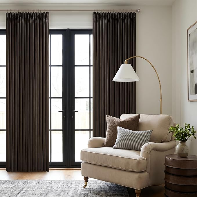 102 Inch Pinch Pleat Linen Dark Brown Semi Sheer Modern Curtains 2 Panels | 102 by Twodrapes