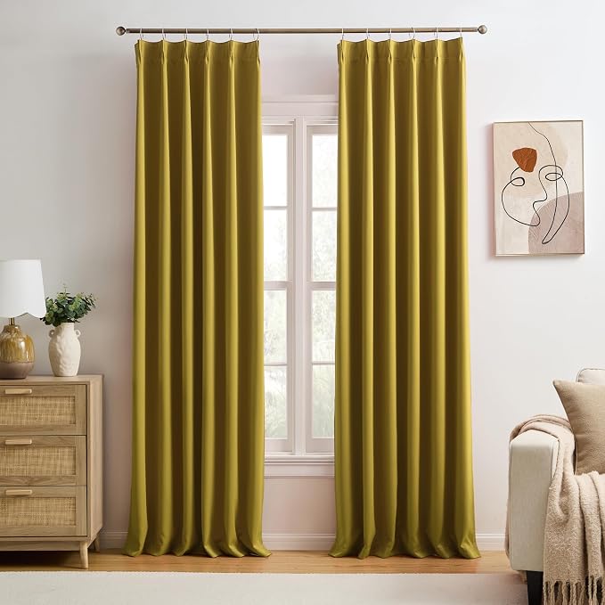 Yellow Pinch Pleated Curtains 92 Inch Length 2 Panels Set Noise Cancelling by KEQIAOSUOCAI
