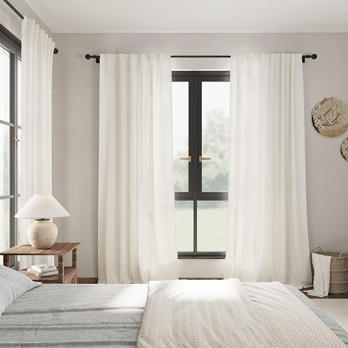 Cream Linen Blend Light Filtering Curtains 82 Inch Length 2 Panel Set Pocket - Image 7