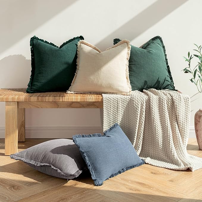MIULEE Linen Fringe Decorative Euro Throw Pillow Covers Navy Blue 22x22 | Set - Image 5