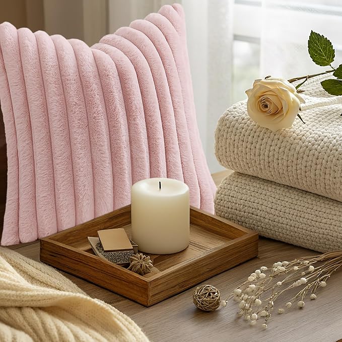 decorUhome Fall Faux Fur Throw Pillow Covers 26x26 Set of 2 Pink | Decorative - Image 9