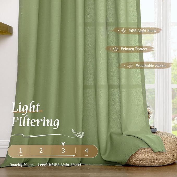 Sage Green Linen Curtains for Living Room 84 inch Length 2 Panels | Light - Image 4