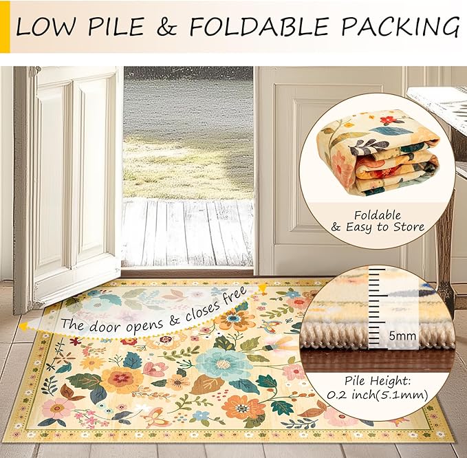 RELEANY Floral Washable Round 4ft Area Rug Ivory/Yellow | Flower Carpet Print - Image 5