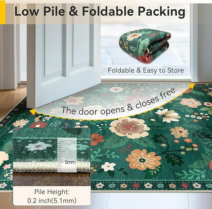 RELEANY Floral Washable 2x3 Area Rugs Doormat DarkGreen | Flower Carpet Print - Image 4