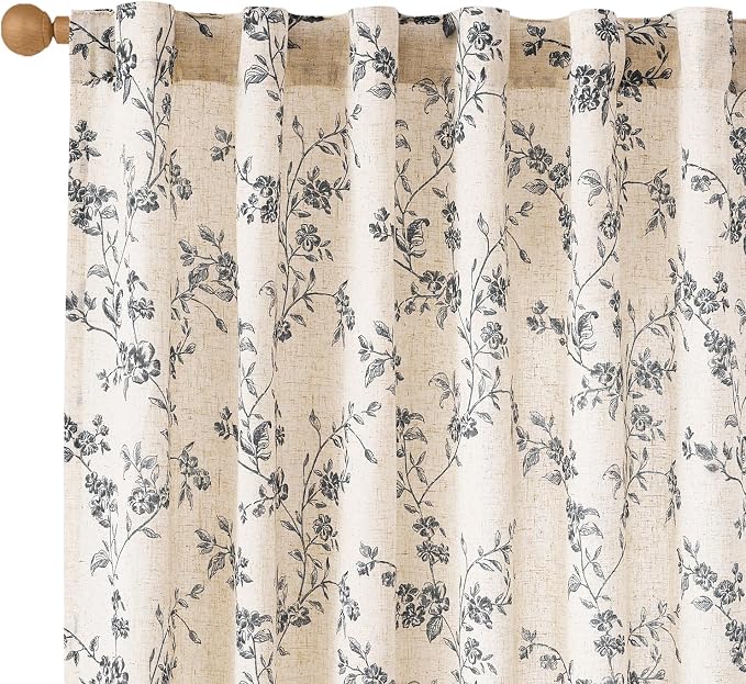 Extra Long Black Vintage Floral Linen Curtains Farmhouse 2 Panels | Elisa Series by Lazzzy