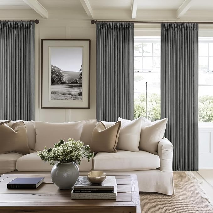 Charcoal Gray Linen Pinch Pleat Semi Sheer 120 Inch Curtains 2 Panels Set | - Image 7