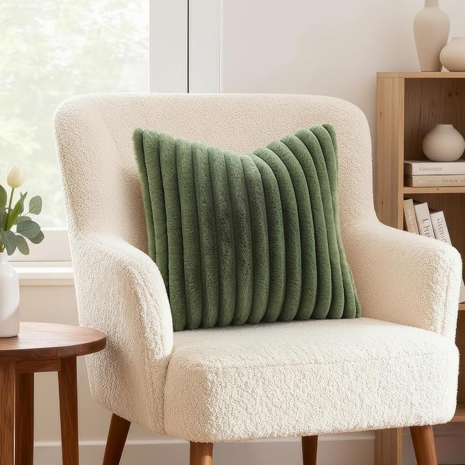 decorUhome Fall Faux Fur Throw Pillow Covers 16x16 Set of 2 Olive Green | - Image 2