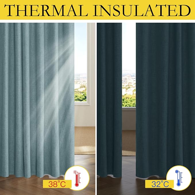 NICETOWN Skylark Blue Blackout Linen Curtains 95" Long, Rod Pocket Back Tab - Image 2