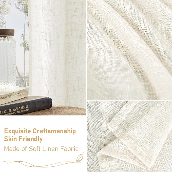 68 Inch Length Linen Curtains for Bedroom 2 Panels, Cream Light Filtering Semi - Image 7