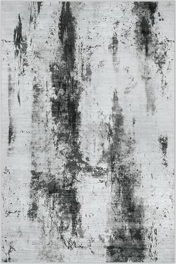 5x7 Area Rugs for Living Room: Washable Abstract Black White Grey Carpet | - Image 2