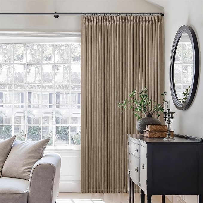Light Brown Pinch Pleated Linen Blend 105 Inch Latte Semi Sheer Curtains | - Image 8
