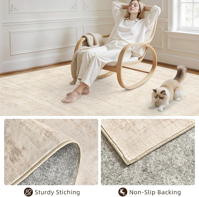 5x7 Area Rugs Living Room: Bedroom Washable Carpet Retro Beige | Large Vintage - Image 4