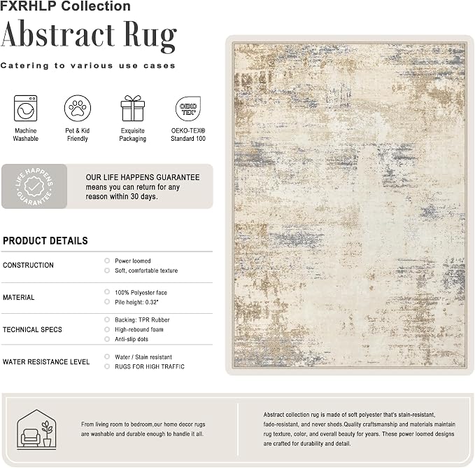 2x3 Washable Entryway Rug: Modern Abstract Soft Carpet Beige Brown | - Image 2