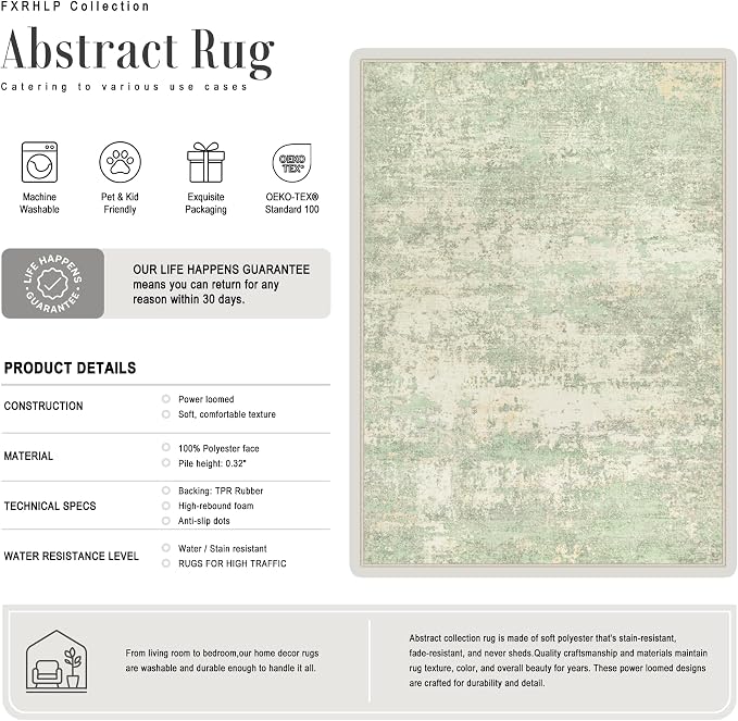 6x9 Area Rug Living Room: Modern Washable Soft Carpet Green Cream | - Image 2