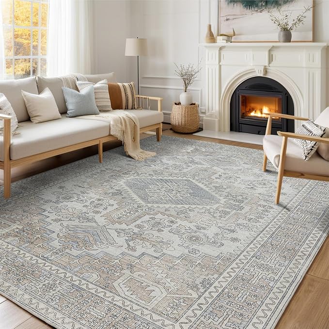 5x7 Washable Area Rugs for Living Room, Dining Room- Retro Taupe | Ultra Soft by Lbris