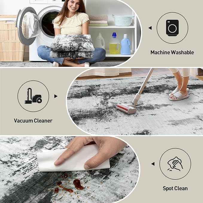 4x6 Area Rugs for Living Room: Washable Abstract Black White Grey Carpet | - Image 4
