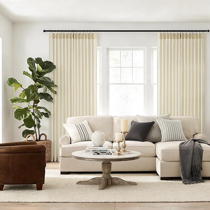 96 Inches Long Pinch Pleated Semi Sheer Curtains, Cream Linen Blended Light - Image 3
